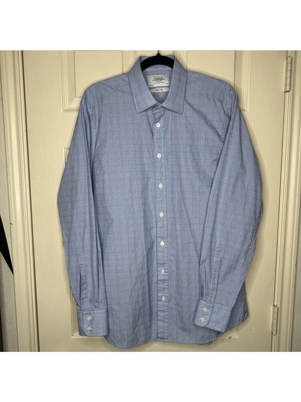 Charles Tyrwhitt Shirt Men's 16.5/36 Blue Red Windowpane Button Up Slim Fit